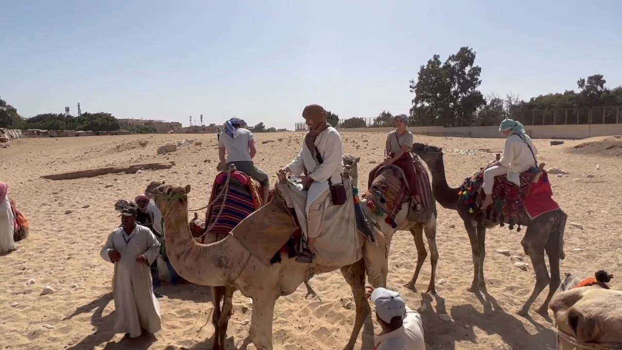 A camel caravan setting out across the Giza dunes