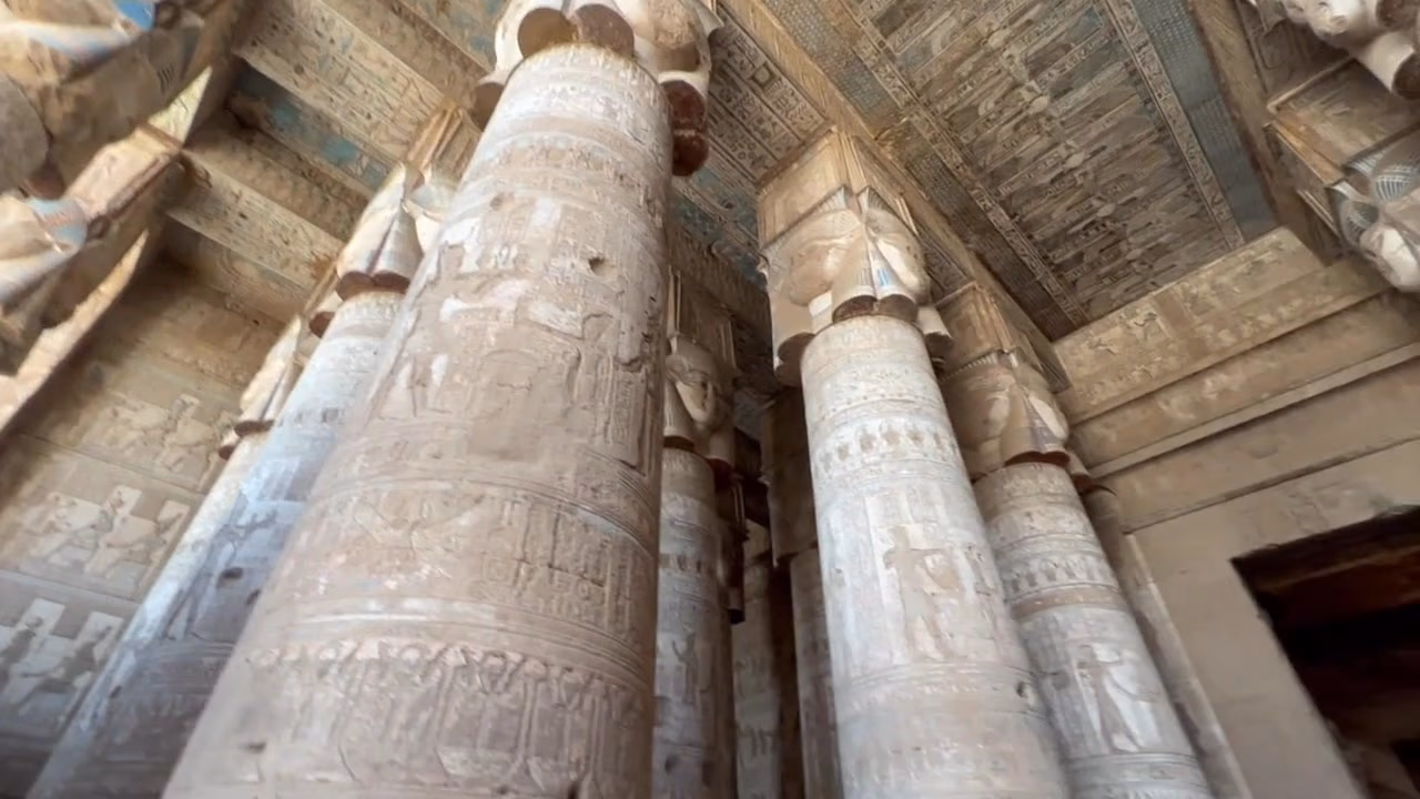 The Hathor columns and painted ceiling at Dendera