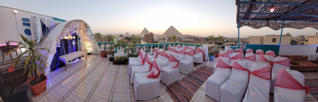 Panorama of the rooftop terrace at sunset
